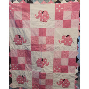 Pink Elephant Baby Crib Quilt Blanket 38 x 35” Peaked Border Poka Dot